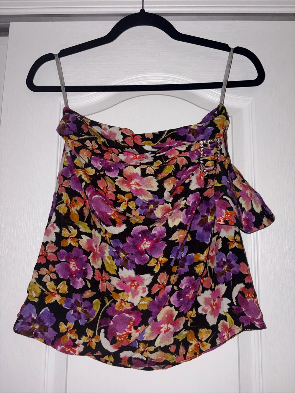 Floral Draped Mini Skirt with Purple & Pink Blooms